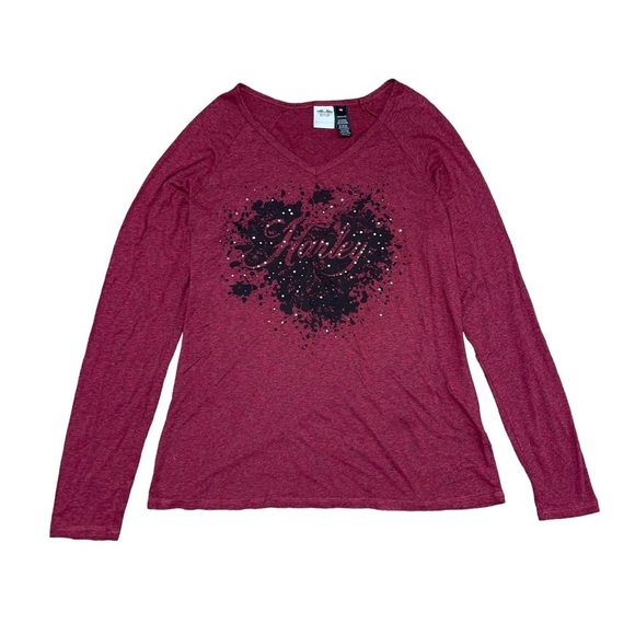 Harley-Davidson Long Sleeve Shirt  Blouse Top Studded‎ Rhinestone Red Women's 1W - Picture 1 of 7